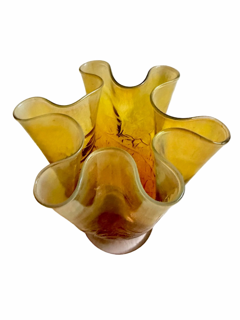 Dottie Boscamp Hand-Blown Opalescent Amber Crackle Glass Handkerchief Vase